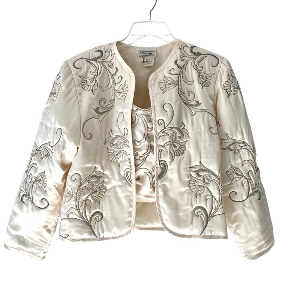 Natori Neiman Marcus Vintage Jacket Bustier Set Satin Embroidered Pearl Small
